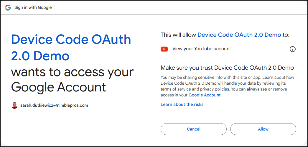 OAuth consent screen for a device to access a Google Account