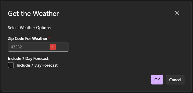Aspire inputs dialog box