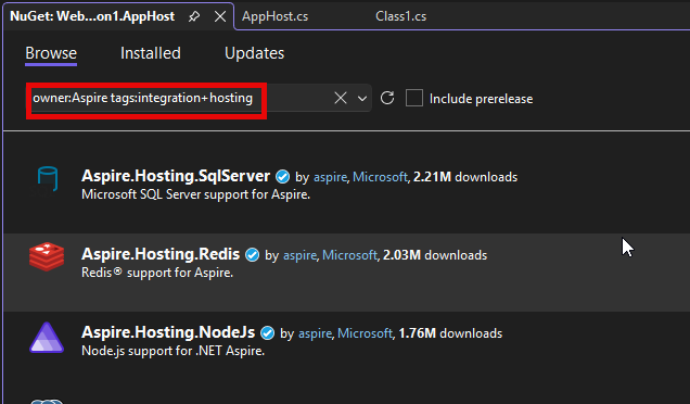 NuGet Package Manager filtered to Aspire Hosting packages