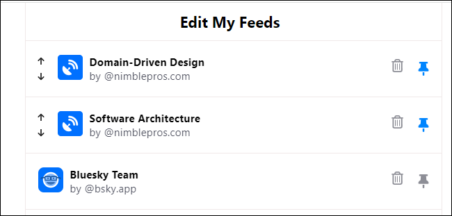 Edit My Feeds, with 2 pinned feeds and a non-pinned feed. The pinned feeds show arrows going up and down for ordering.