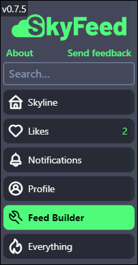 SkyFeed v0.7.5 navigation with Feed Builder highlighted