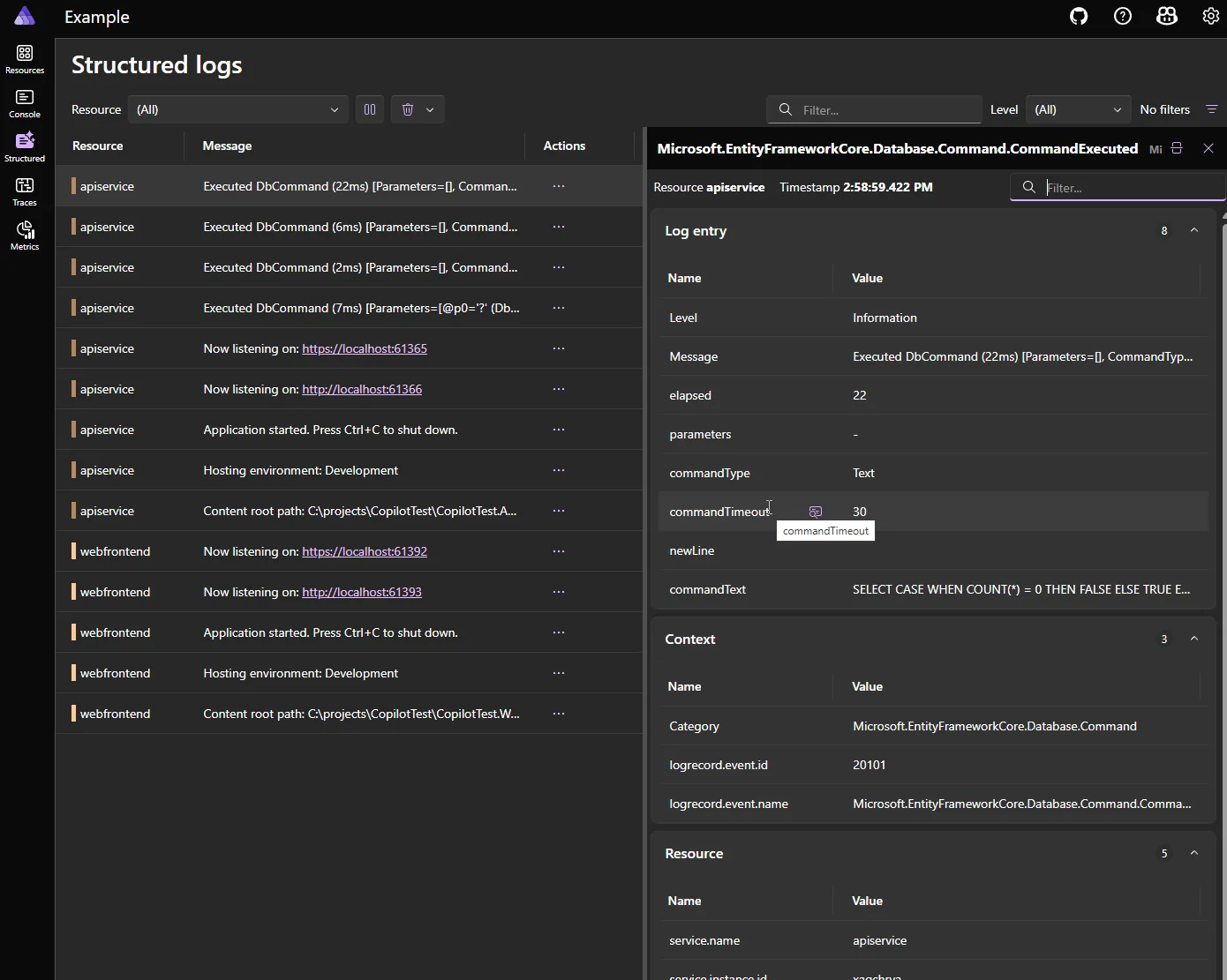 A view of the structured logs from the Aspire dashboard application
