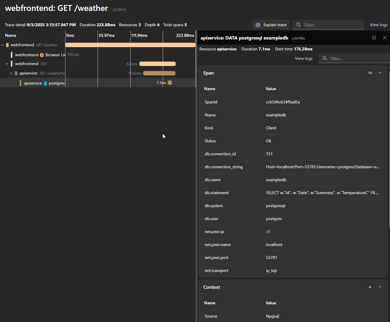 Traces detailed view showing specific details of the database call
