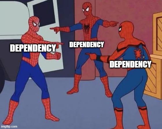 Spiderman pointing at Spiderman pointing at Spiderman - all dependencies nice and dependent on each other