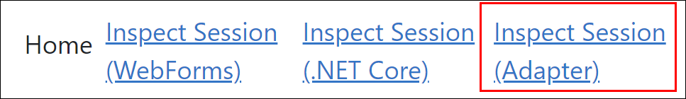 Screenshot of the top navigation with the &ldquo;Inspect Session (Adapter)&rdquo; link highlighted.