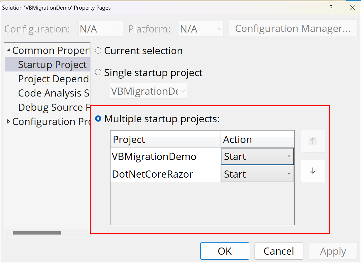 Screenshot of the Startup Project options in Visual Studio. &ldquo;Multiple startup projects&rdquo; is selected. VBMigrationDemo and DotNetCoreRazor are both set to &ldquo;Start&rdquo;.
