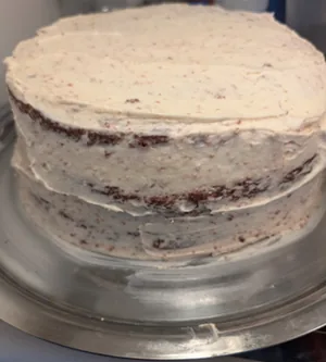 3-layer red velvet cake with a crumb layer of Ermine frosting