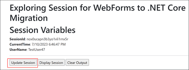 Screenshot of the WebForms application, on the InspectSessionWebForms page, showing values in the CurrentTime and UserName session variables.