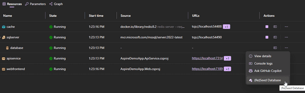 The seed database command now appears