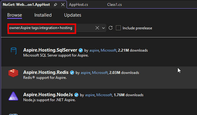 NuGet Package Manager filtered to Aspire Hosting packages
