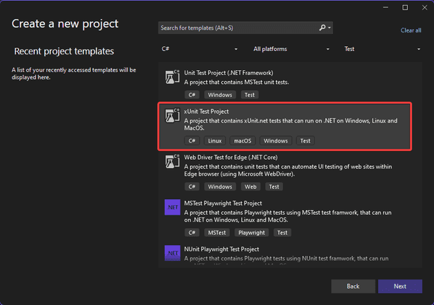 Visual Studio - Create xUnit