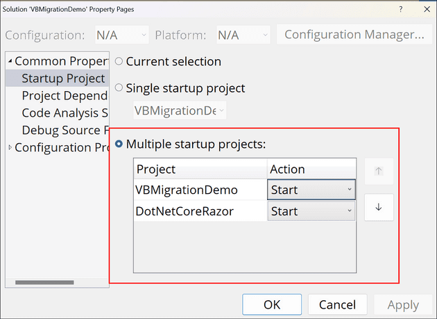 Screenshot of the Startup Project options in Visual Studio. "Multiple startup projects" is selected. VBMigrationDemo and DotNetCoreRazor are both set to "Start".