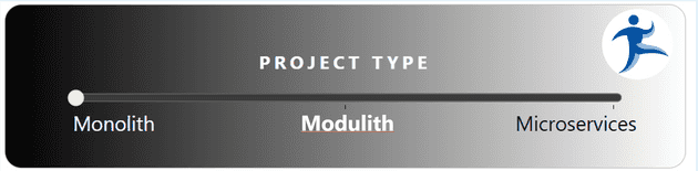 Sliding scale of Project Types. The background is a black-to-white gradient going from left to right. The slider is in the foreground with three points - Monolith to the far left, Modulith in the middle, and Microservices to the far right.