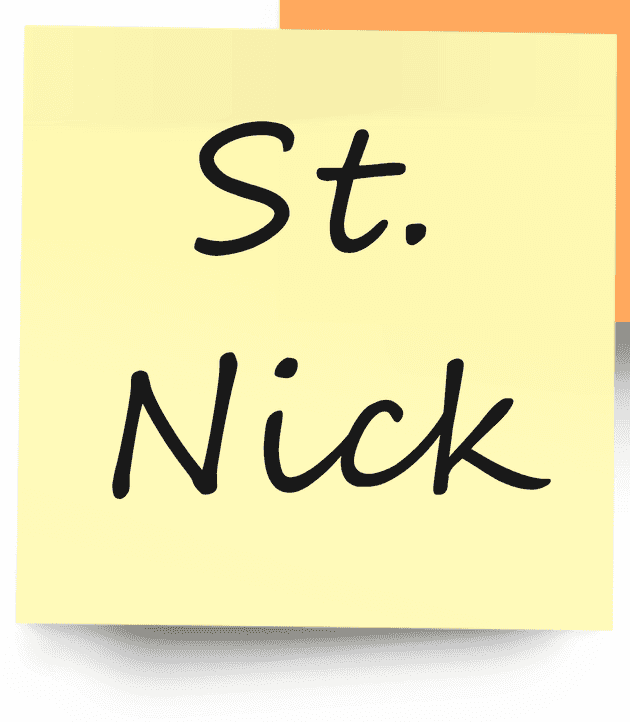 Yellow sticky note with "St. Nick" written on it