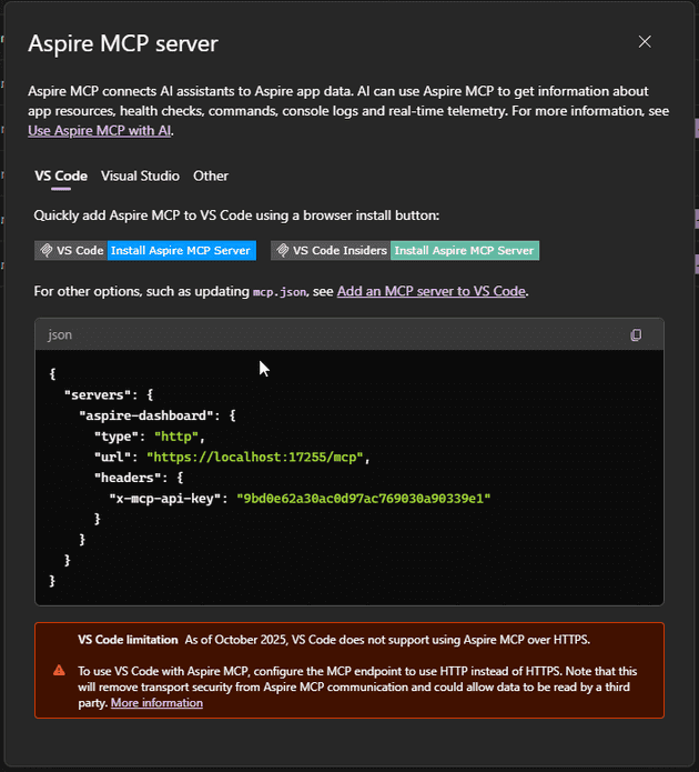 Aspire MCP dialog with server information