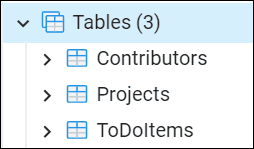 View of the tables created by the app - Contributors, Projects, and ToDoItems