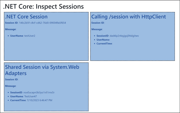 Screenshot of the WebForms application, on the InspectSessionWebForms page, showing values in the CurrentTime and UserName session variables.