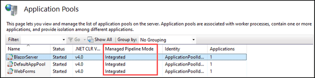 Screenshot of IIS Application Pools. The Managed Pipeline Mode column is highlighted, and the values for the application pools' pipeline modes are all set to Integrated.