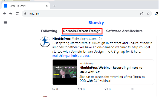 BlueSky home page with the Domain-Driven Design feed highlighted