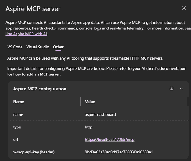 Aspire MCP server configuration information