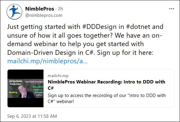A screenshot of a NimblePros BlueSky post with #DDDesign and #dotnet hashtags that are not links. The post is located at this URL: https://bsky.app/profile/nimblepros.com/post/3k6qfc3gdes2c