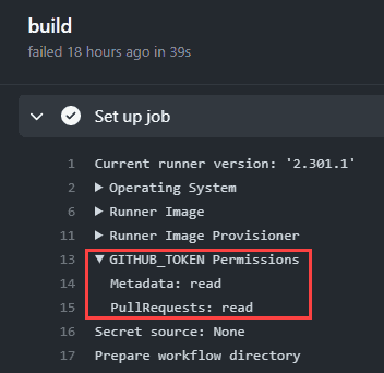 Screenshot of the 'Set up job' step from the GitHub Actions workflow. The GITHUB_TOKEN permissions are highlighted. Metadata and PullRequests are marked as 'read'.