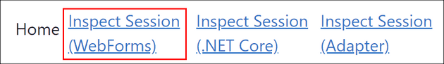 Screenshot of the top navigation with the "Inspect Session (WebForms)" link highlighted.